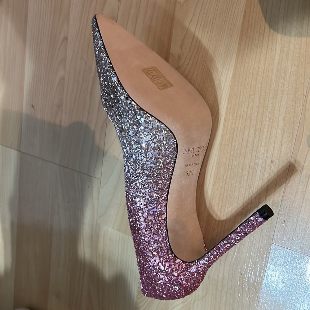 JIMMY CHOO ROMY 100  Platinum and Flamingo Ice Glitter Dégradé Fabric Pointy Toe - Picture 6 of 7